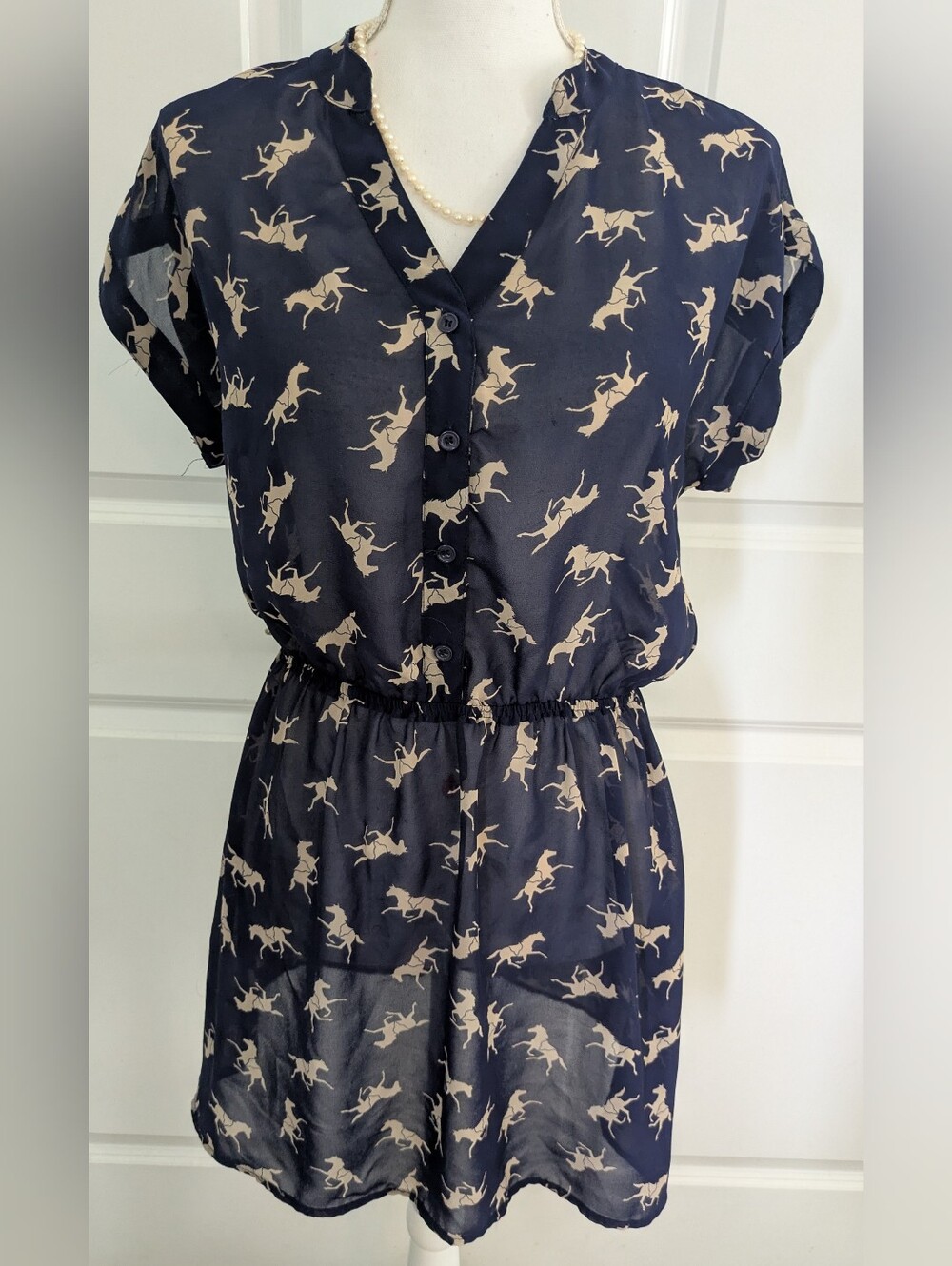 Mimi Chica Navy Blue Horse Print Sheer Dress Tunic Size Small Equestrian